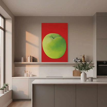 Tableau moderne avec une pomme verte vibrante sur fond rouge profond, style minimaliste, idéal pour cuisine ou salon contempo