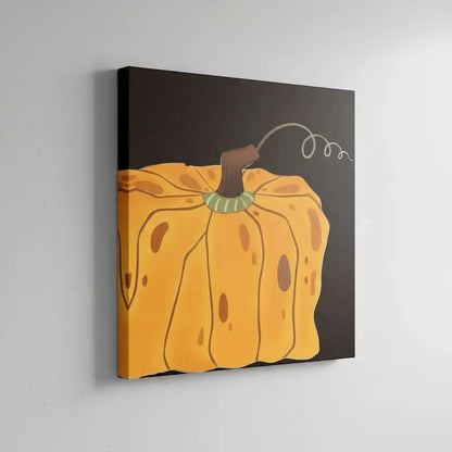 Peinture de courge orange vif sur fond noir, ambiance chaleureuse et rustique, idéale pour salon ou cuisine.