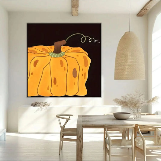 Peinture de courge orange vif sur fond noir, ambiance chaleureuse et rustique, idéale pour salon ou cuisine.