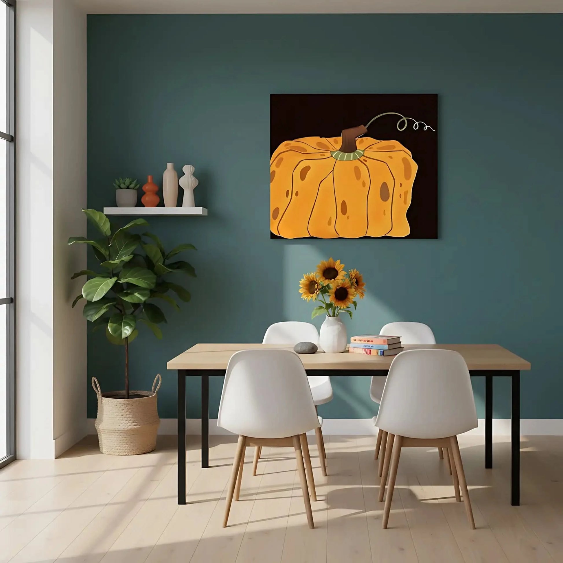 Peinture de courge orange vif sur fond noir, ambiance chaleureuse et rustique, idéale pour salon ou cuisine.