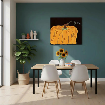 Peinture de courge orange vif sur fond noir, ambiance chaleureuse et rustique, idéale pour salon ou cuisine.