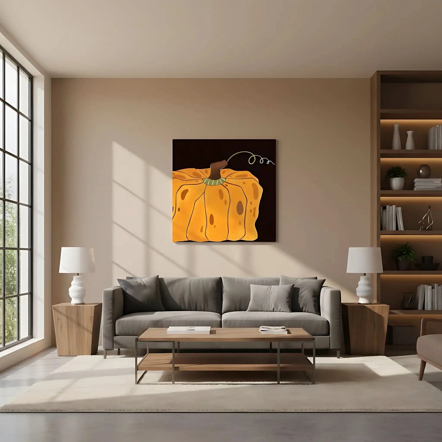 Peinture de courge orange vif sur fond noir, ambiance chaleureuse et rustique, idéale pour salon ou cuisine.