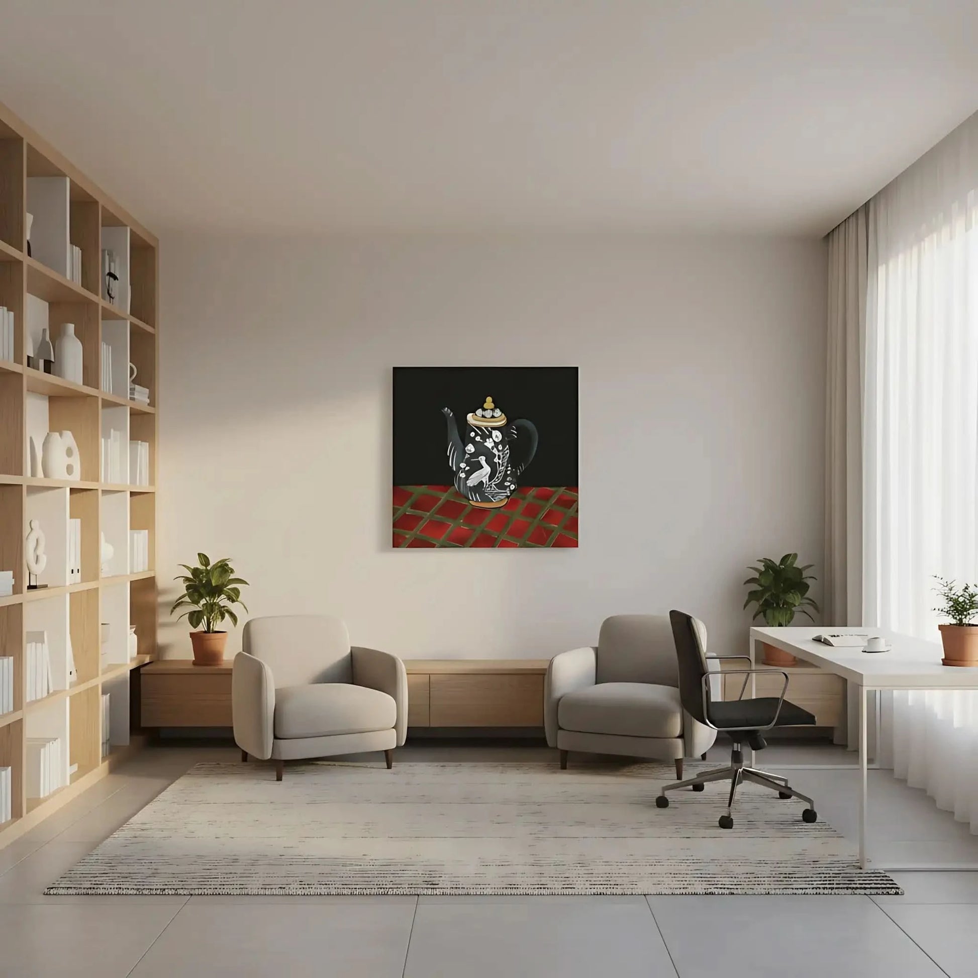 Tableau d'une théière noire avec motifs d'oiseau blanc et fleurs, sur fond noir et table rouge, ambiance élégante et mystérie