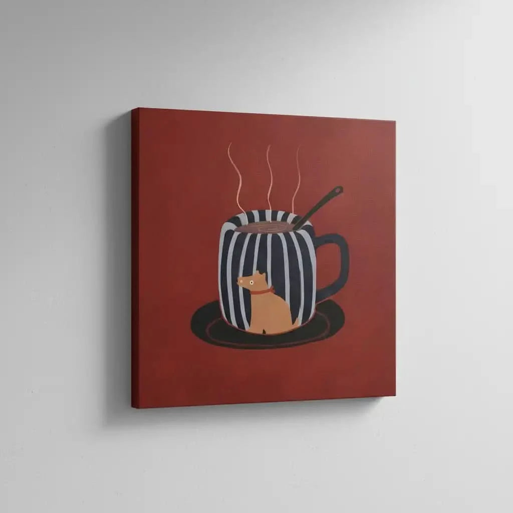 Tasse rayée noir et blanc avec chien, fond rouge, ambiance chaleureuse et ludique pour cuisine ou salon.