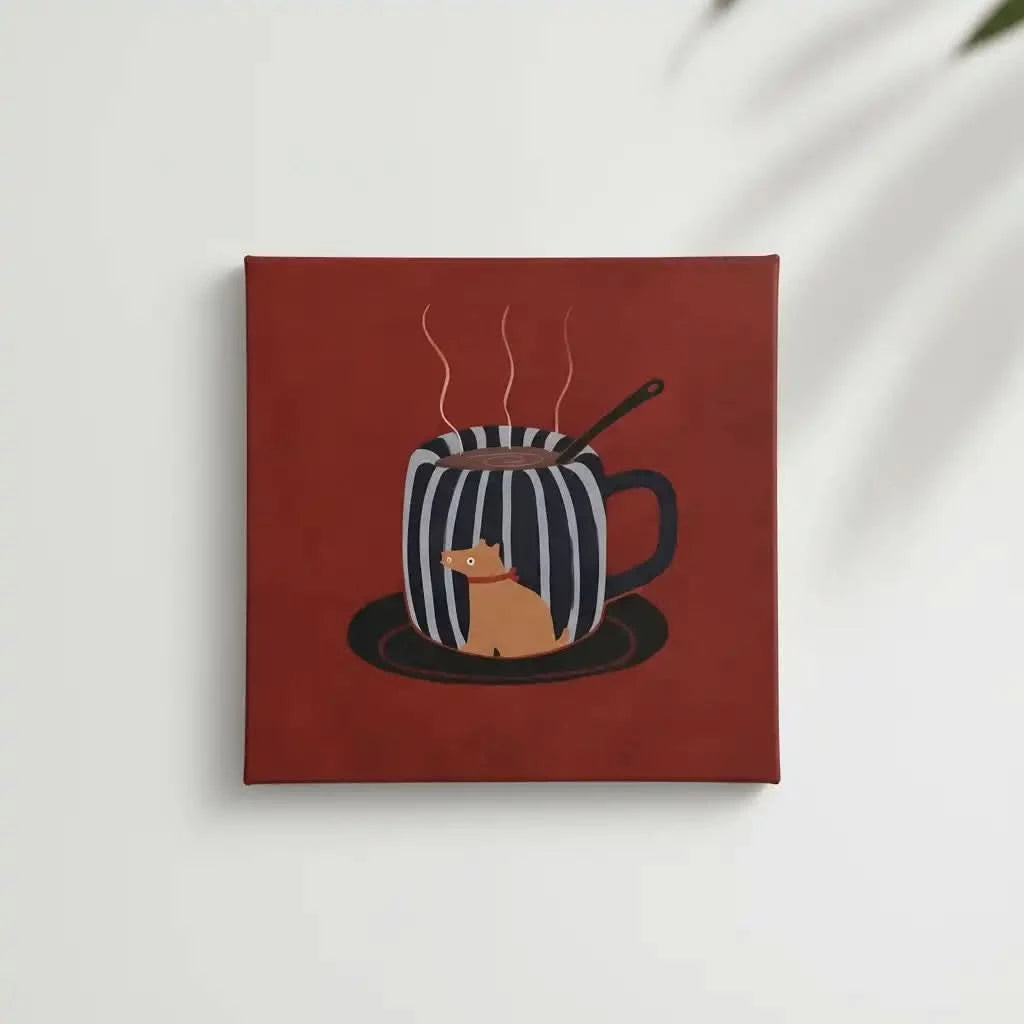 Tasse rayée noir et blanc avec chien, fond rouge, ambiance chaleureuse et ludique pour cuisine ou salon.