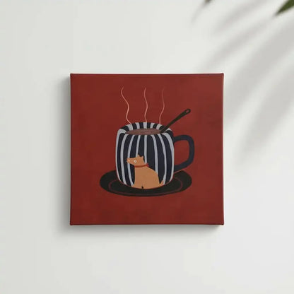 Tasse rayée noir et blanc avec chien, fond rouge, ambiance chaleureuse et ludique pour cuisine ou salon.
