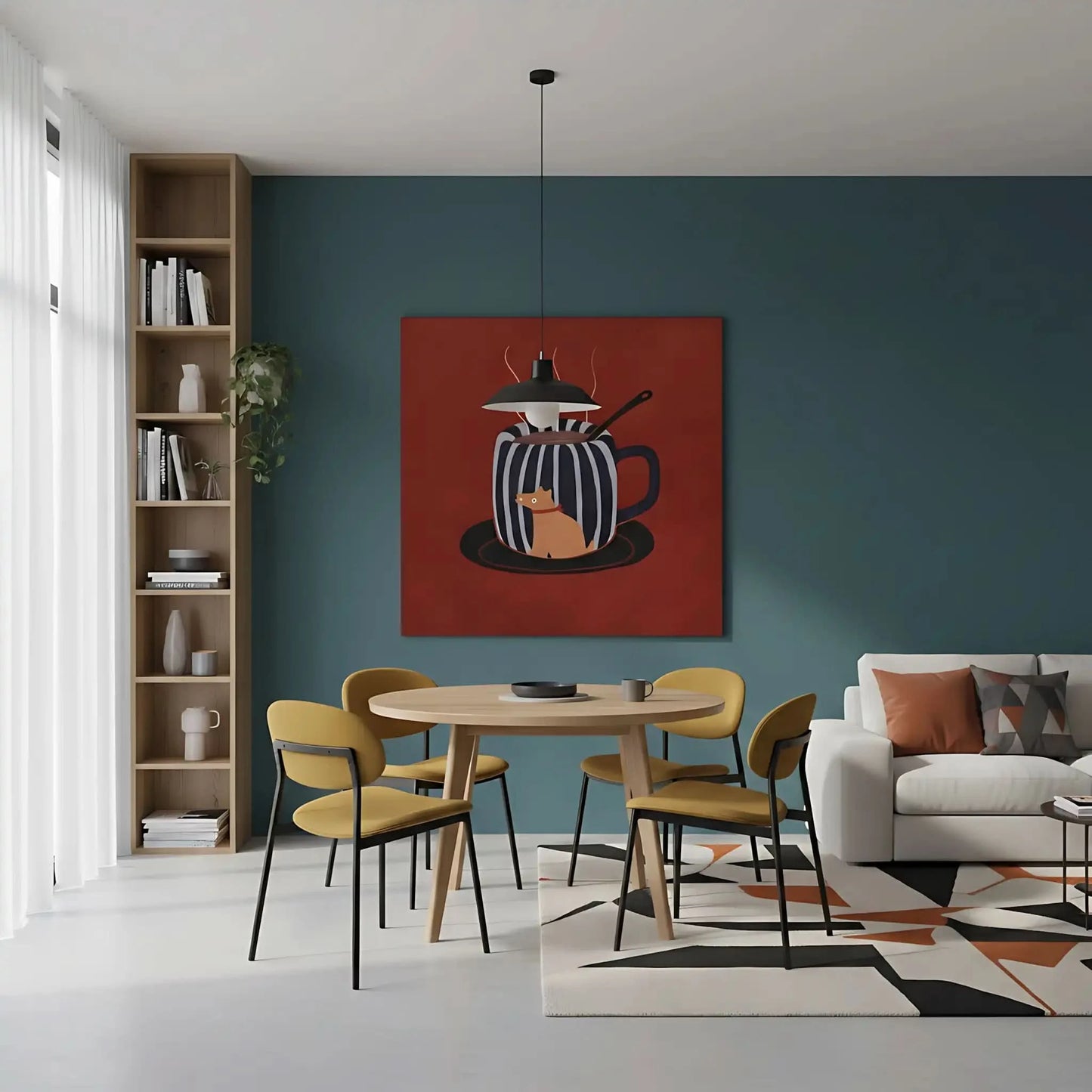 Tasse rayée noir et blanc avec chien, fond rouge, ambiance chaleureuse et ludique pour cuisine ou salon.