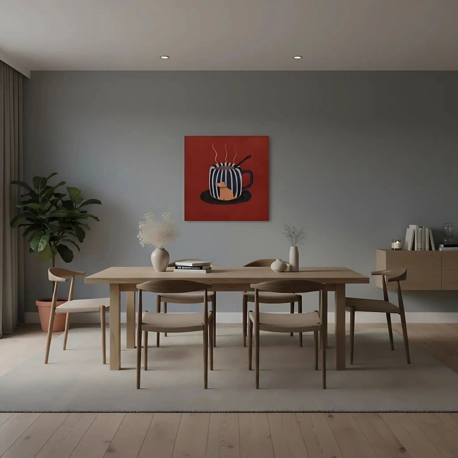 Tasse rayée noir et blanc avec chien, fond rouge, ambiance chaleureuse et ludique pour cuisine ou salon.