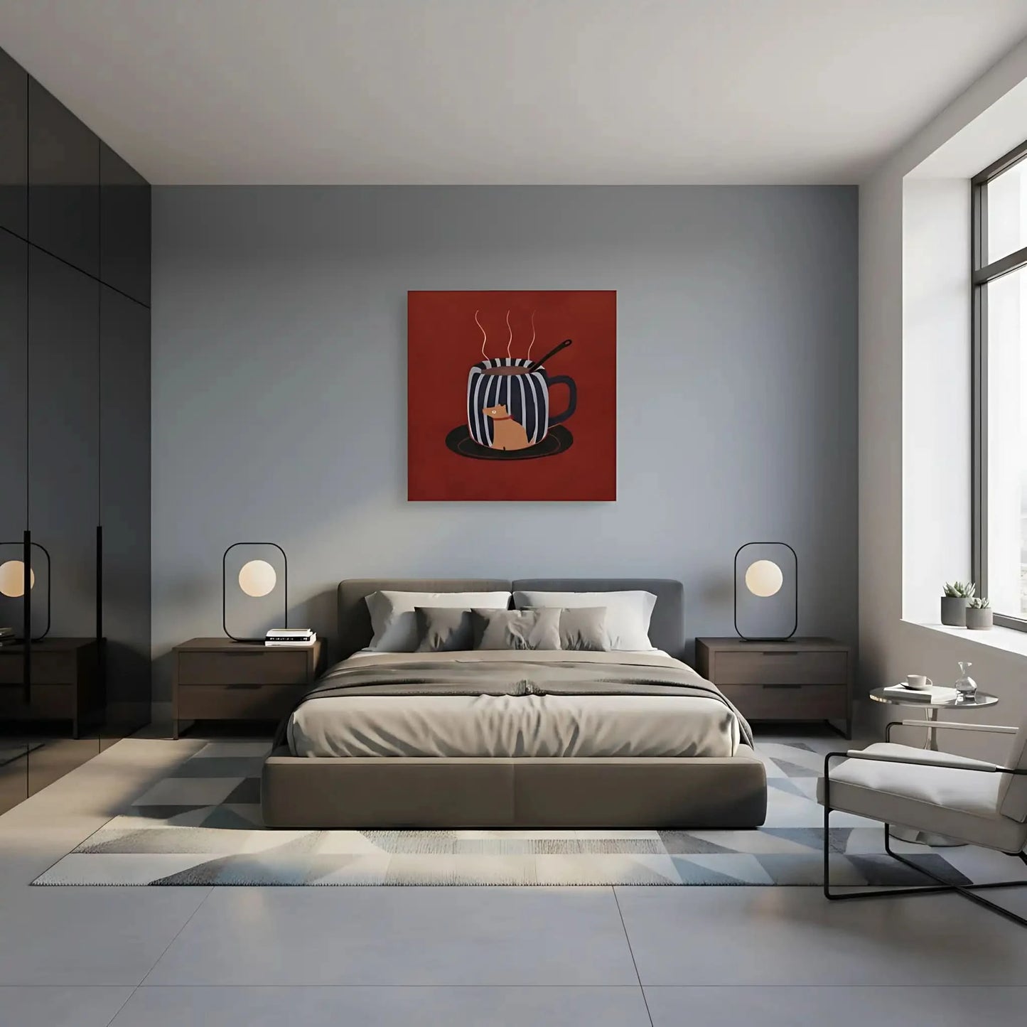 Tasse rayée noir et blanc avec chien, fond rouge, ambiance chaleureuse et ludique pour cuisine ou salon.