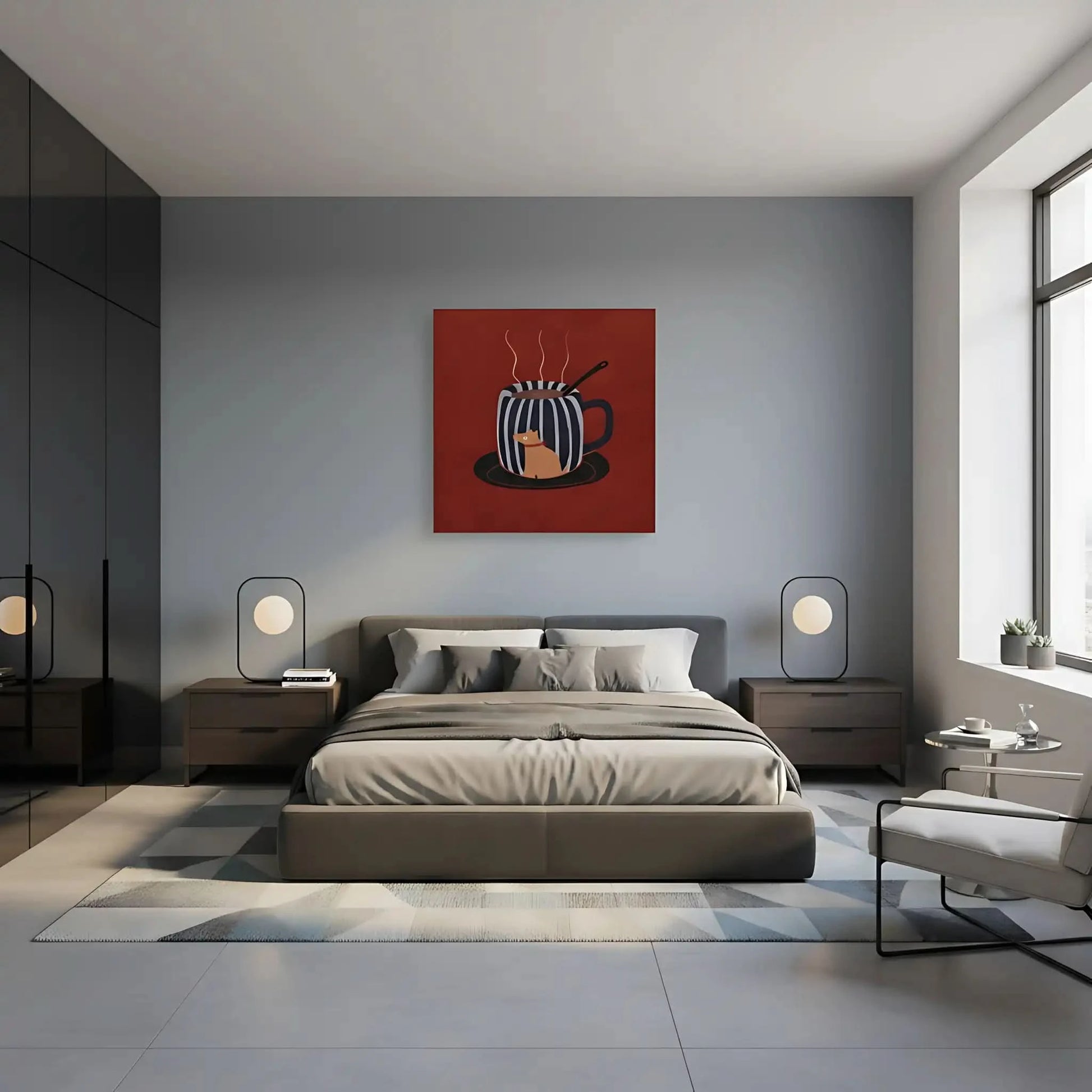 Tasse rayée noir et blanc avec chien, fond rouge, ambiance chaleureuse et ludique pour cuisine ou salon.