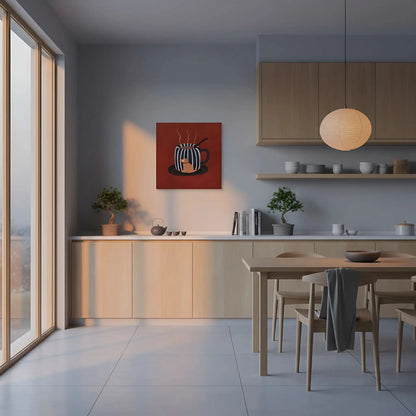 Tasse rayée noir et blanc avec chien, fond rouge, ambiance chaleureuse et ludique pour cuisine ou salon.