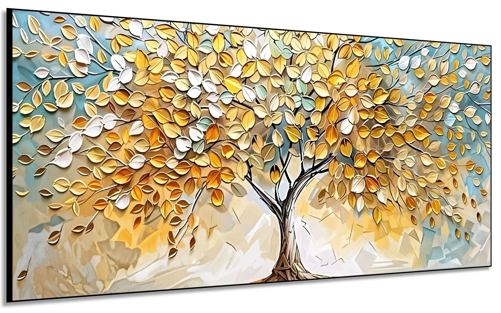 Peinture abstraite d’un arbre doré aux feuilles vert pâle sur fond bleu beige, style mosaïque serein, pour salon ou chambre.