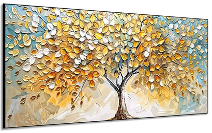 Peinture abstraite d’un arbre doré aux feuilles vert pâle sur fond bleu beige, style mosaïque serein, pour salon ou chambre.