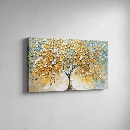 Peinture abstraite d’un arbre doré aux feuilles vert pâle sur fond bleu beige, style mosaïque serein, pour salon ou chambre.