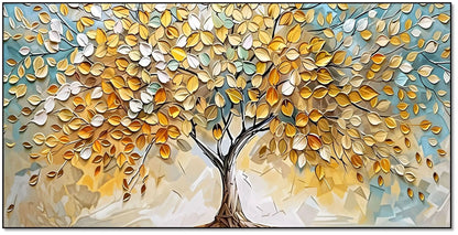 Peinture abstraite d’un arbre doré aux feuilles vert pâle sur fond bleu beige, style mosaïque serein, pour salon ou chambre.