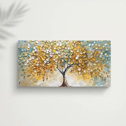 Peinture abstraite d’un arbre doré aux feuilles vert pâle sur fond bleu beige, style mosaïque serein, pour salon ou chambre.