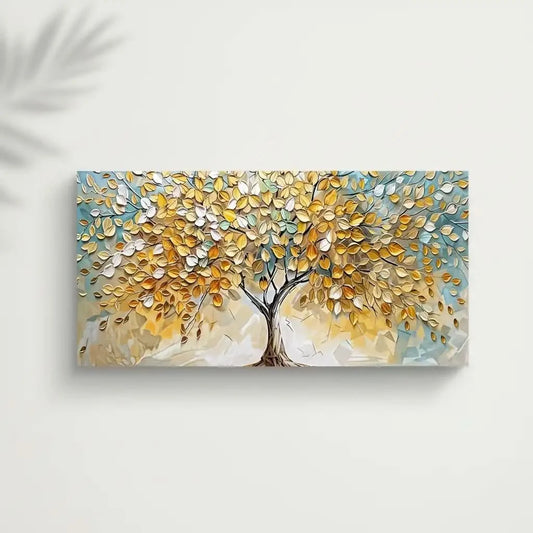 Peinture abstraite d’un arbre doré aux feuilles vert pâle sur fond bleu beige, style mosaïque serein, pour salon ou chambre.