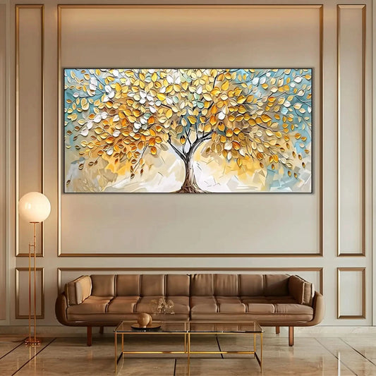 Peinture abstraite d’un arbre doré aux feuilles vert pâle sur fond bleu beige, style mosaïque serein, pour salon ou chambre.