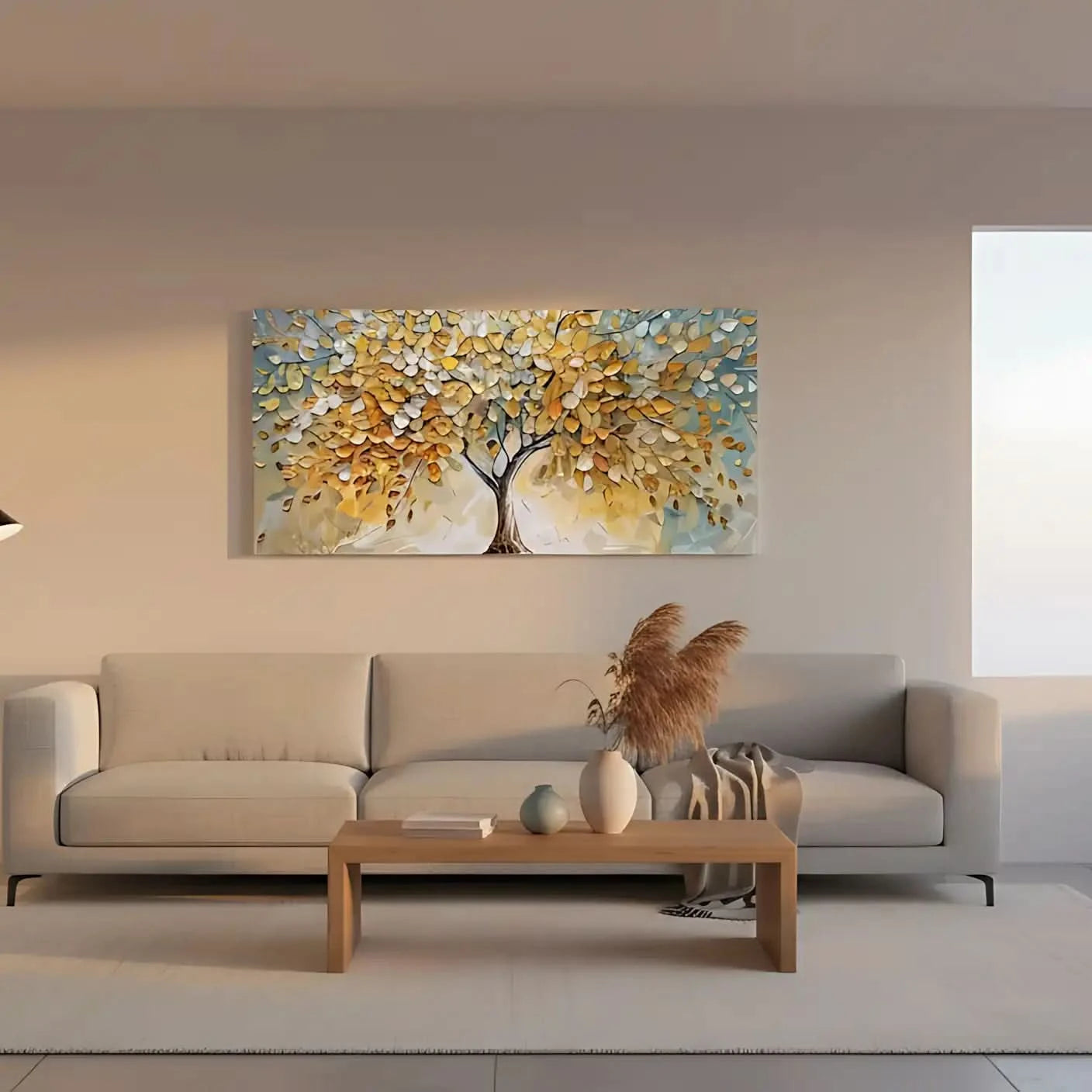 Peinture abstraite d’un arbre doré aux feuilles vert pâle sur fond bleu beige, style mosaïque serein, pour salon ou chambre.