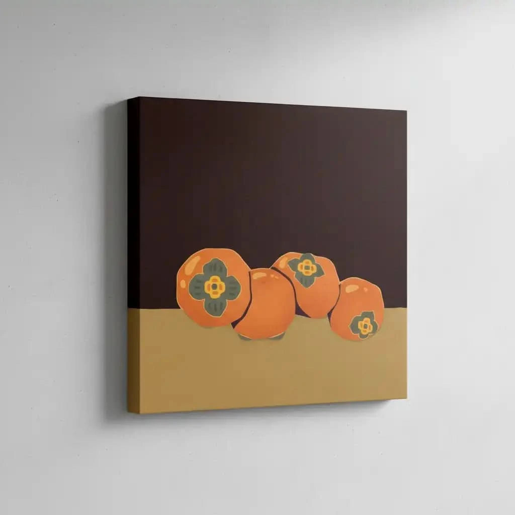 Nature morte avec kakis orange vibrant sur fond sombre, ambiance chaleureuse pour salon ou cuisine.