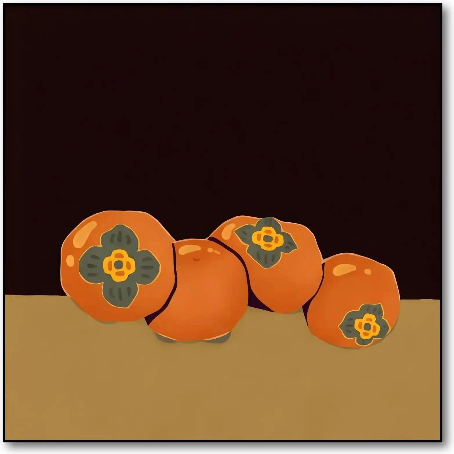 Nature morte avec kakis orange vibrant sur fond sombre, ambiance chaleureuse pour salon ou cuisine.