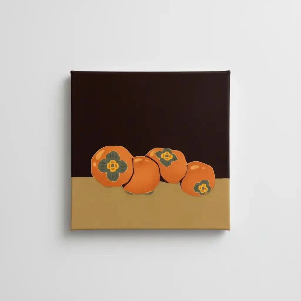 Nature morte avec kakis orange vibrant sur fond sombre, ambiance chaleureuse pour salon ou cuisine.