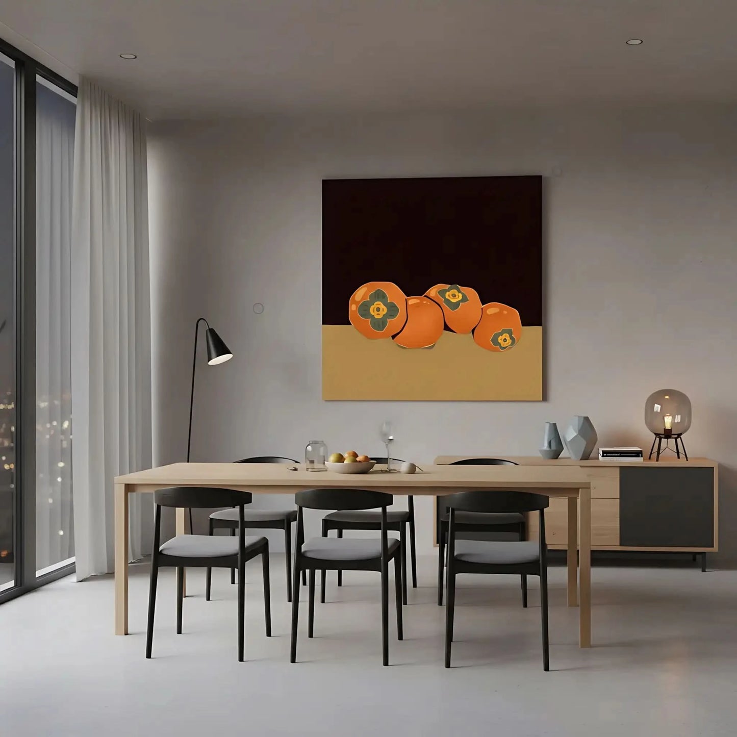Nature morte avec kakis orange vibrant sur fond sombre, ambiance chaleureuse pour salon ou cuisine.