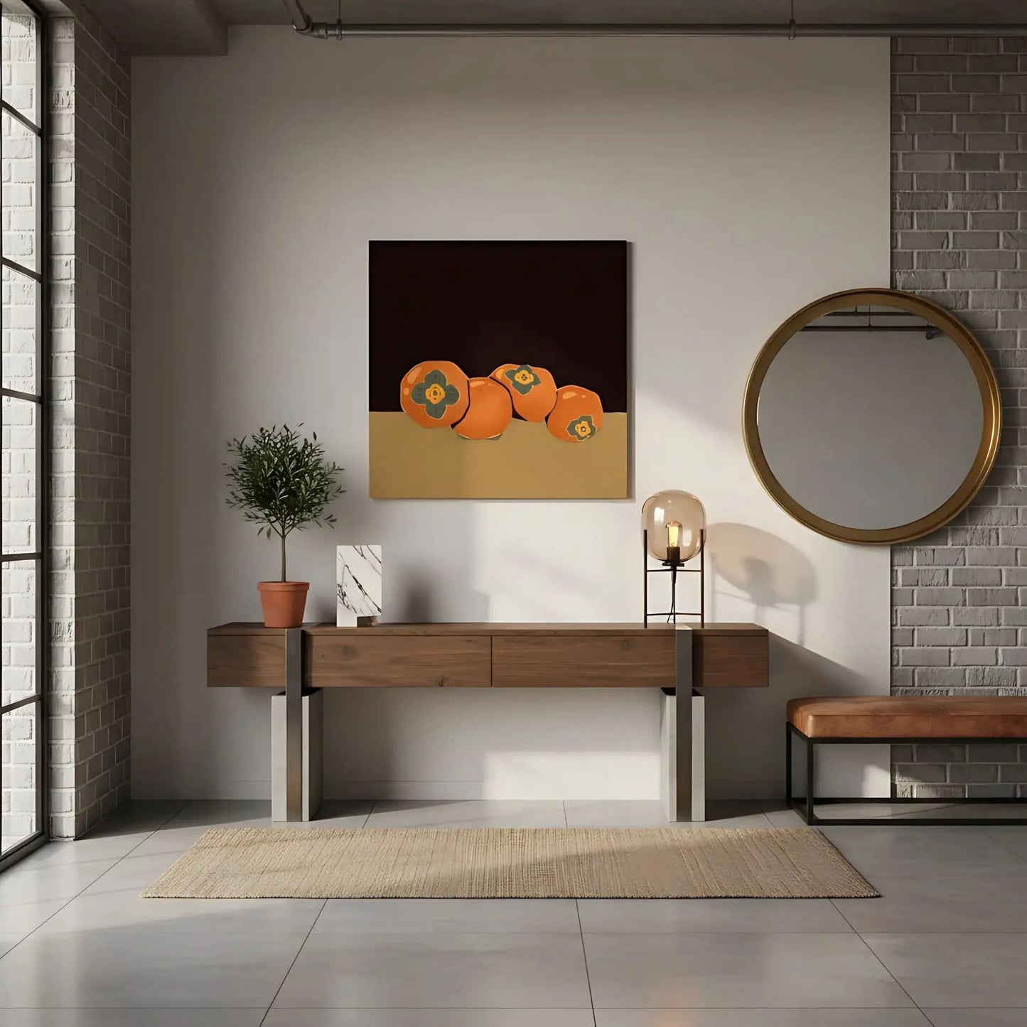 Nature morte avec kakis orange vibrant sur fond sombre, ambiance chaleureuse pour salon ou cuisine.