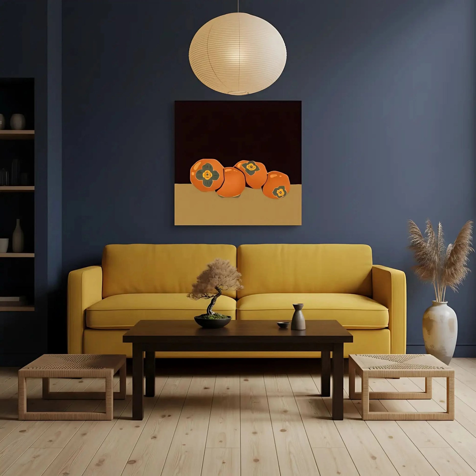 Nature morte avec kakis orange vibrant sur fond sombre, ambiance chaleureuse pour salon ou cuisine.