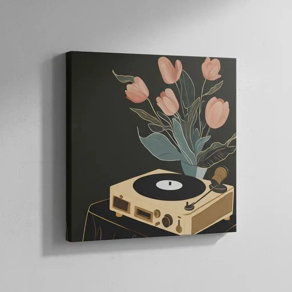 Tableau vintage avec tourne-disque beige et tulipes roses sur fond noir, ambiance chaleureuse et nostalgique.
