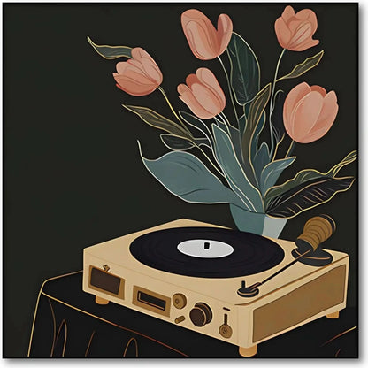 Tableau vintage avec tourne-disque beige et tulipes roses sur fond noir, ambiance chaleureuse et nostalgique.
