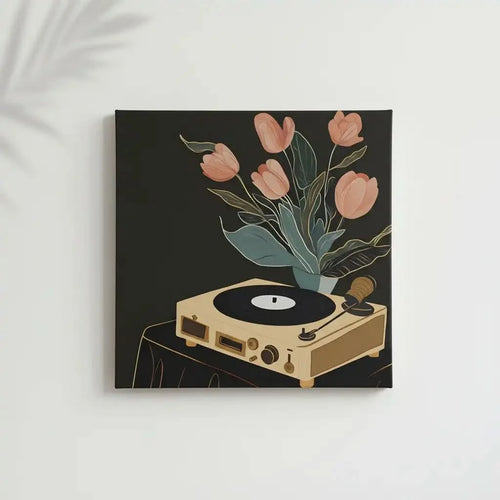 Tableau vintage avec tourne-disque beige et tulipes roses sur fond noir, ambiance chaleureuse et nostalgique.