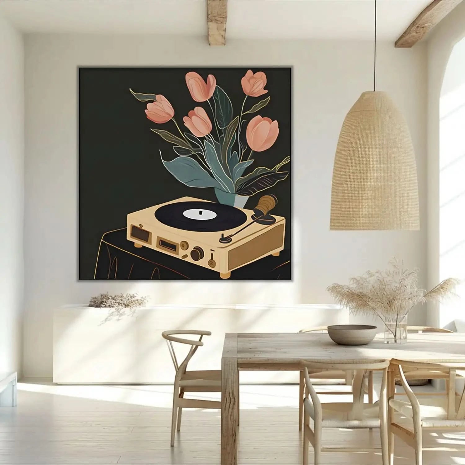 Tableau vintage avec tourne-disque beige et tulipes roses sur fond noir, ambiance chaleureuse et nostalgique.