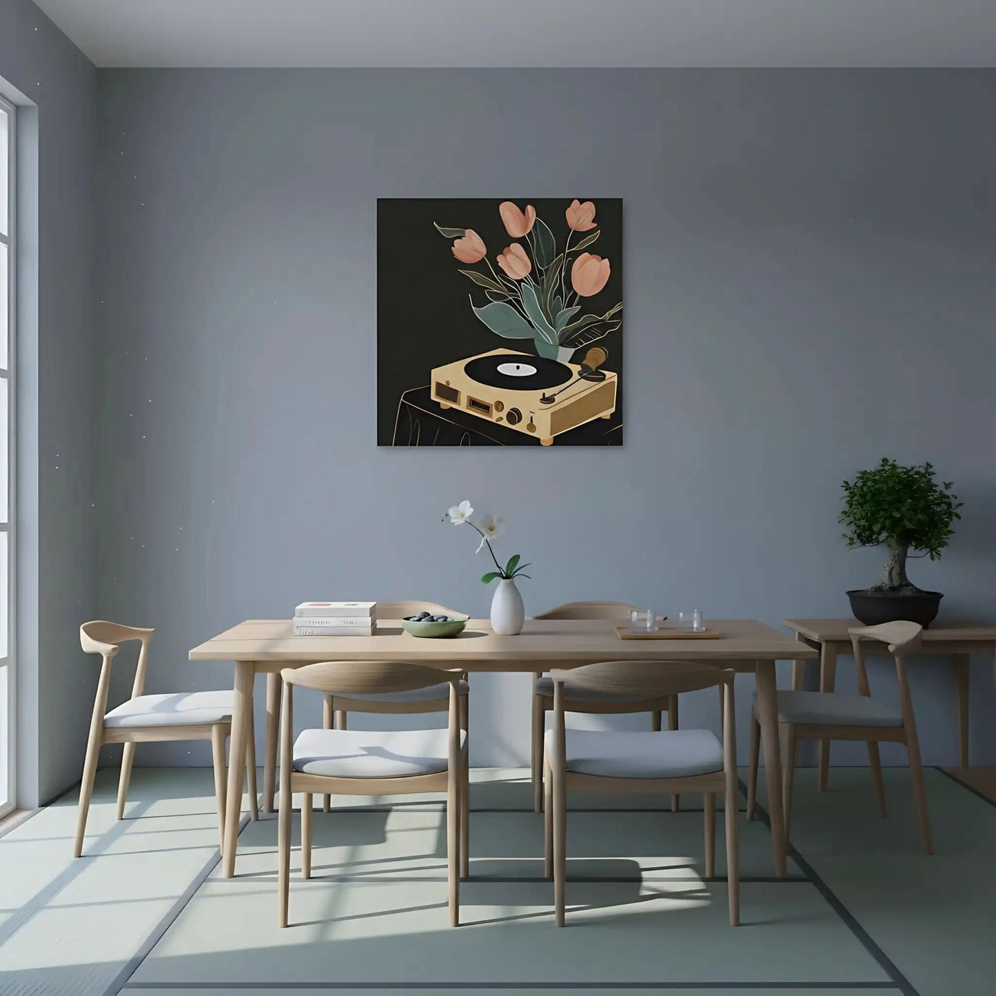 Tableau vintage avec tourne-disque beige et tulipes roses sur fond noir, ambiance chaleureuse et nostalgique.