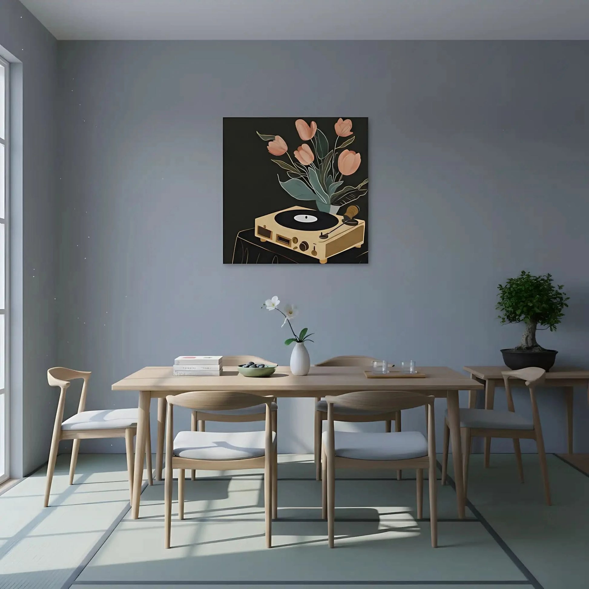 Tableau vintage avec tourne-disque beige et tulipes roses sur fond noir, ambiance chaleureuse et nostalgique.