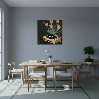Tableau vintage avec tourne-disque beige et tulipes roses sur fond noir, ambiance chaleureuse et nostalgique.