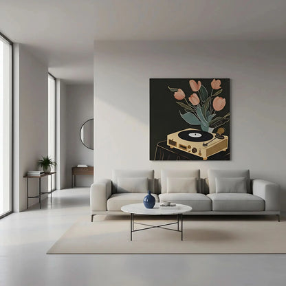 Tableau vintage avec tourne-disque beige et tulipes roses sur fond noir, ambiance chaleureuse et nostalgique.