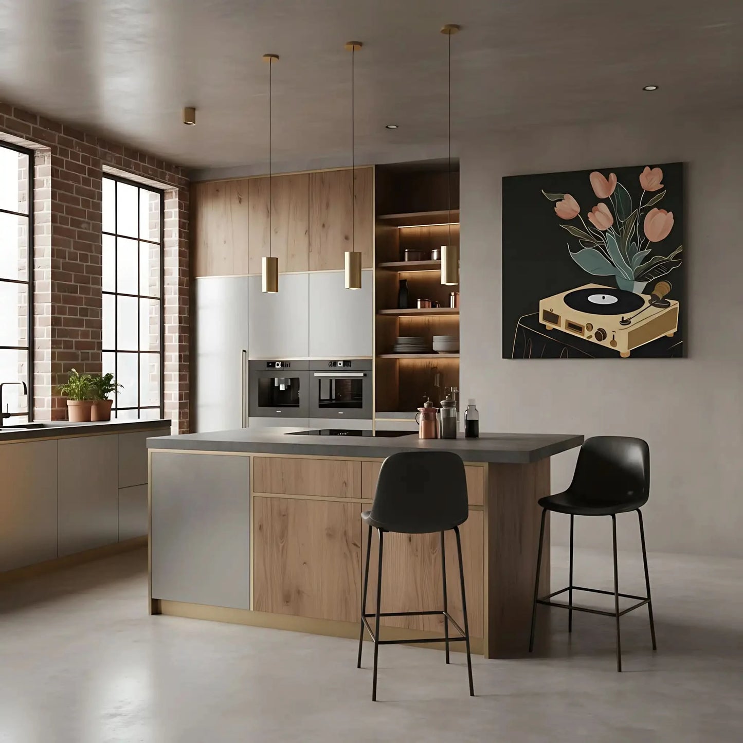 Tableau vintage avec tourne-disque beige et tulipes roses sur fond noir, ambiance chaleureuse et nostalgique.