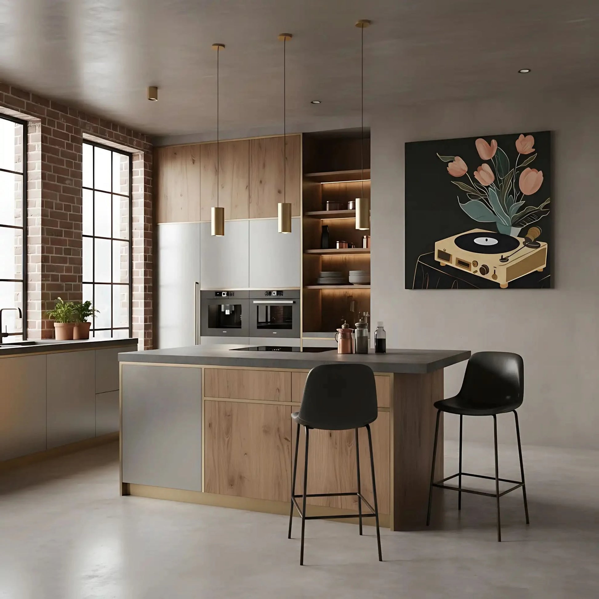 Tableau vintage avec tourne-disque beige et tulipes roses sur fond noir, ambiance chaleureuse et nostalgique.