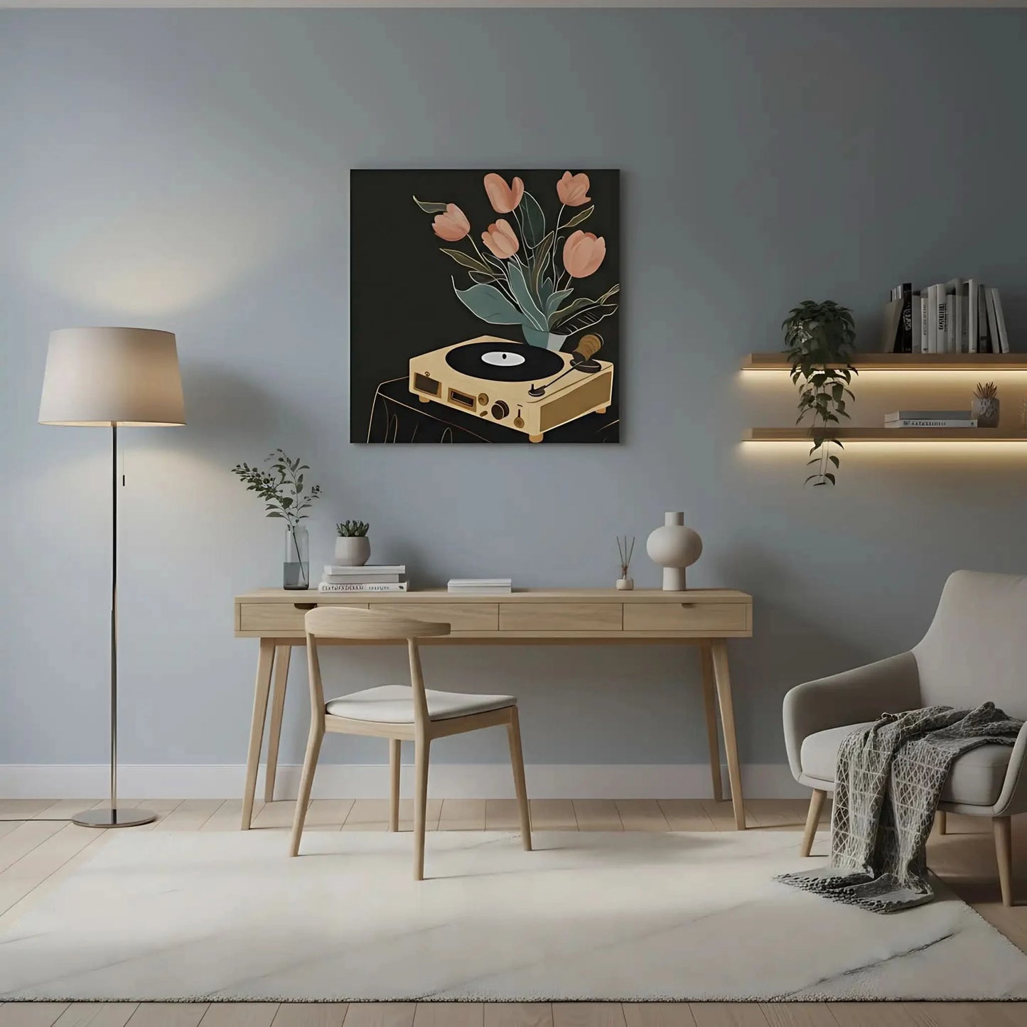 Tableau vintage avec tourne-disque beige et tulipes roses sur fond noir, ambiance chaleureuse et nostalgique.