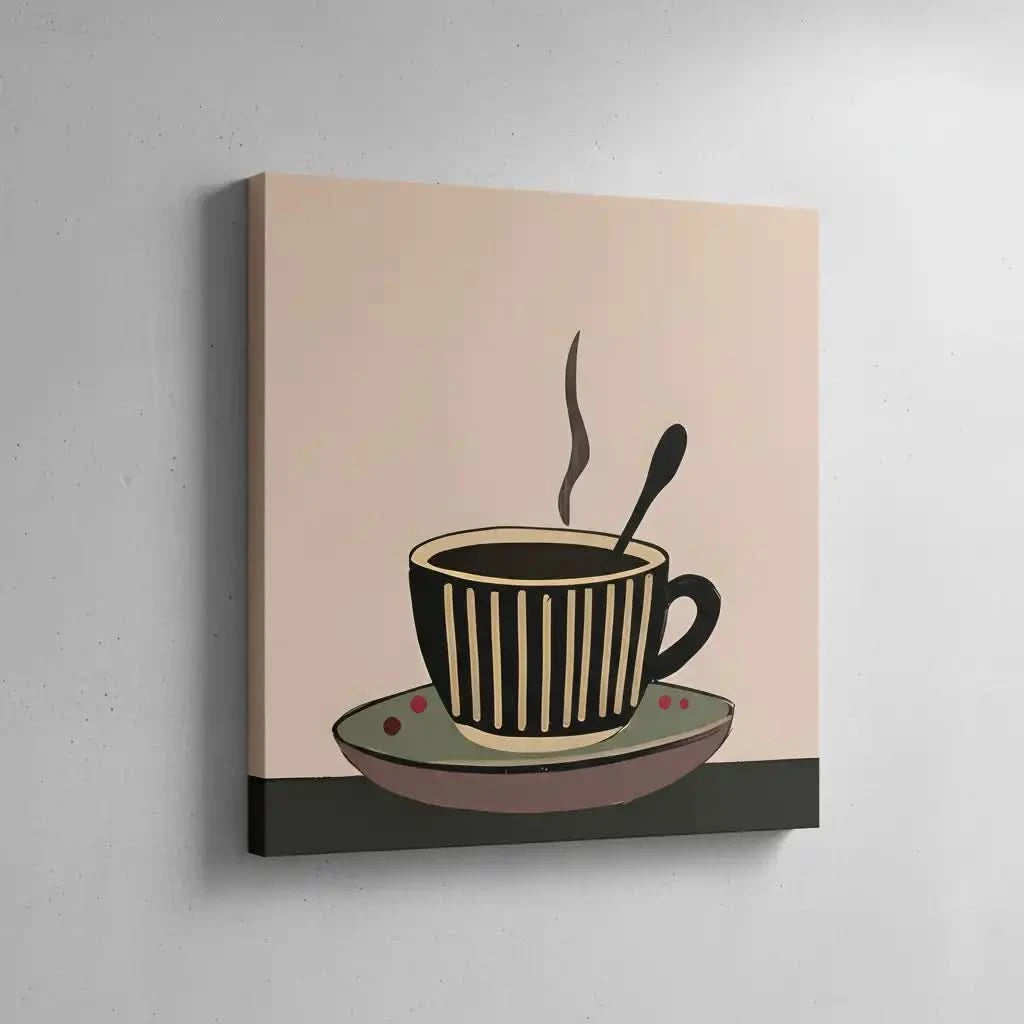 Tableau minimaliste d'une tasse de café fumante, tons bruns et beiges, ambiance chaleureuse pour cuisine ou coin café.