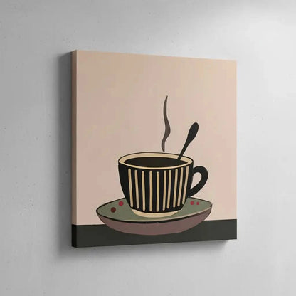 Tableau minimaliste d'une tasse de café fumante, tons bruns et beiges, ambiance chaleureuse pour cuisine ou coin café.