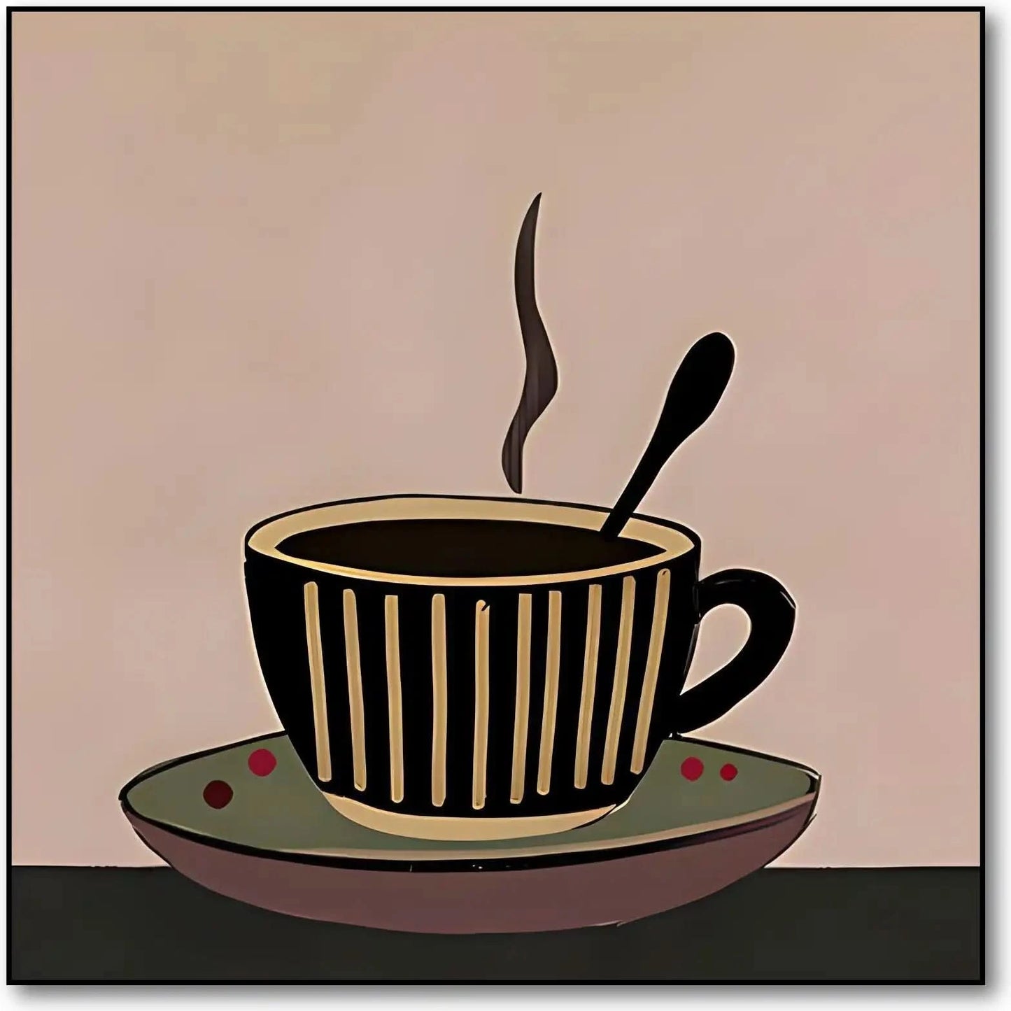 Tableau minimaliste d'une tasse de café fumante, tons bruns et beiges, ambiance chaleureuse pour cuisine ou coin café.