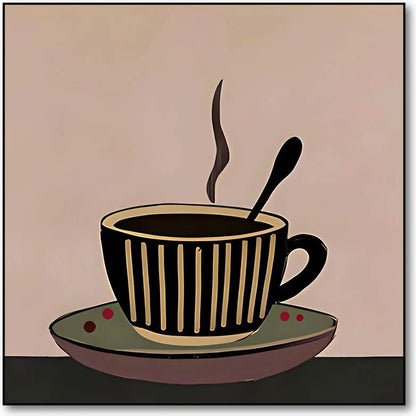 Tableau minimaliste d'une tasse de café fumante, tons bruns et beiges, ambiance chaleureuse pour cuisine ou coin café.