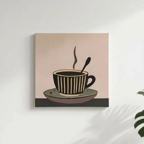 Tableau minimaliste d'une tasse de café fumante, tons bruns et beiges, ambiance chaleureuse pour cuisine ou coin café.