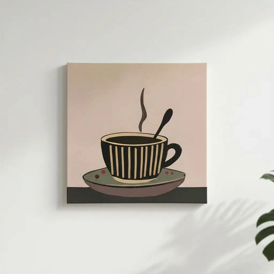 Tableau minimaliste d'une tasse de café fumante, tons bruns et beiges, ambiance chaleureuse pour cuisine ou coin café.