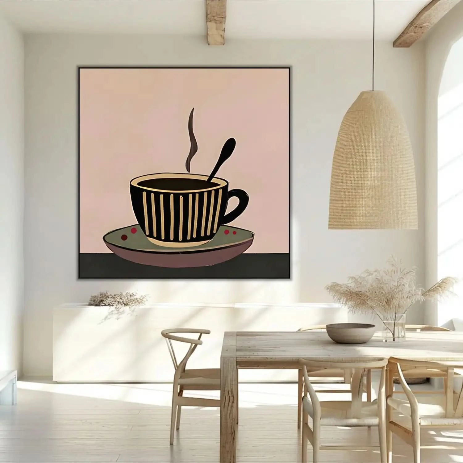 Tableau minimaliste d'une tasse de café fumante, tons bruns et beiges, ambiance chaleureuse pour cuisine ou coin café.