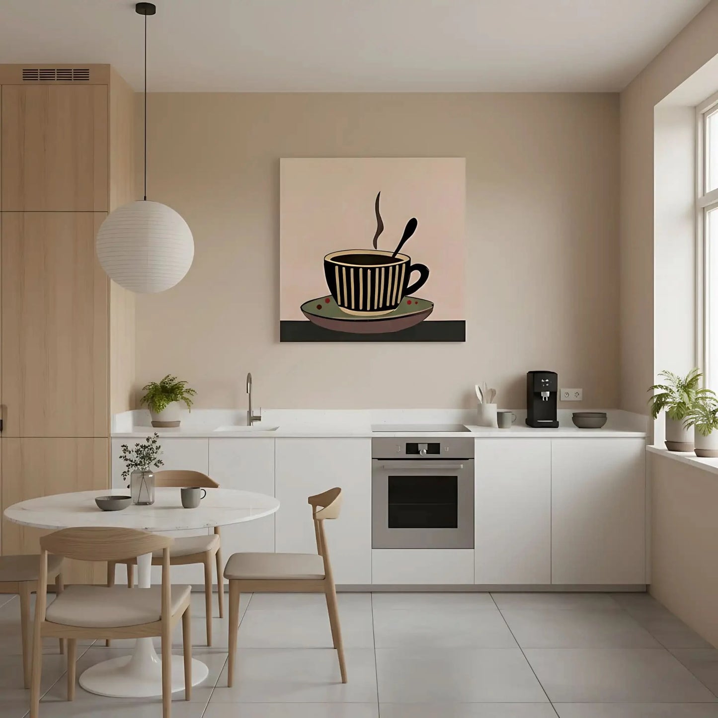 Tableau minimaliste d'une tasse de café fumante, tons bruns et beiges, ambiance chaleureuse pour cuisine ou coin café.