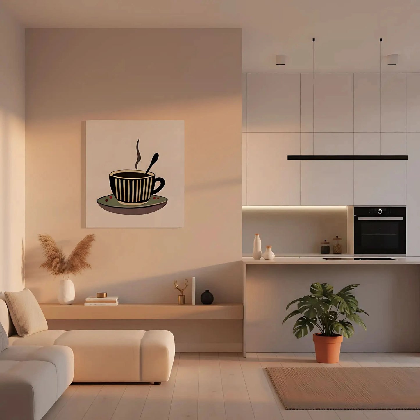 Tableau minimaliste d'une tasse de café fumante, tons bruns et beiges, ambiance chaleureuse pour cuisine ou coin café.