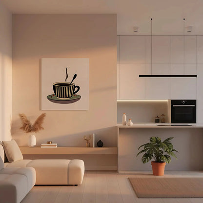 Tableau minimaliste d'une tasse de café fumante, tons bruns et beiges, ambiance chaleureuse pour cuisine ou coin café.